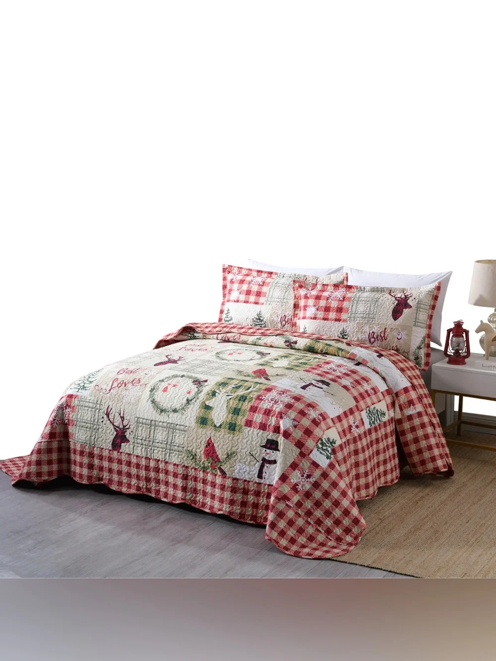 Red Christmas Plaid 3 piece queen Quilted Bedding Set